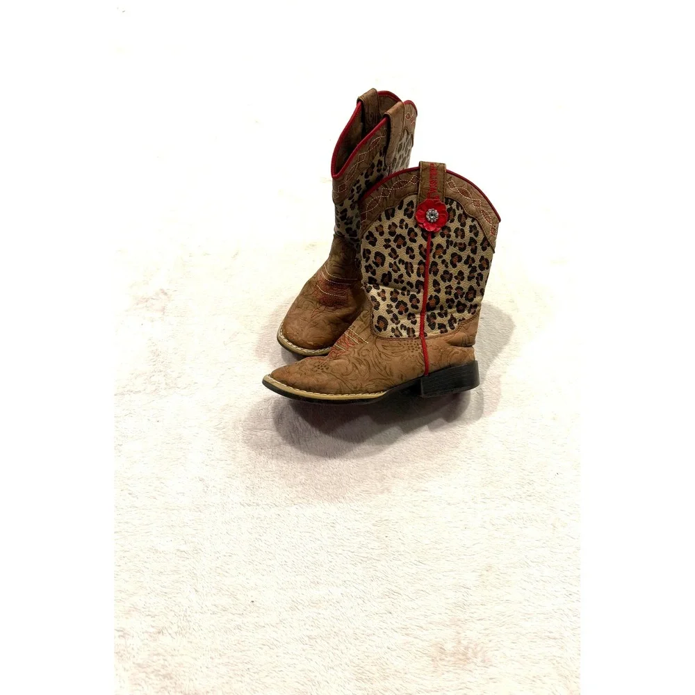 Twister Kids Leopard Print Floral Embossed Western Boots Brown Red Size 12